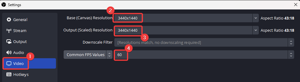 Choose Video > Set base and output to your resolution and then set the FPS to your in game FPS.