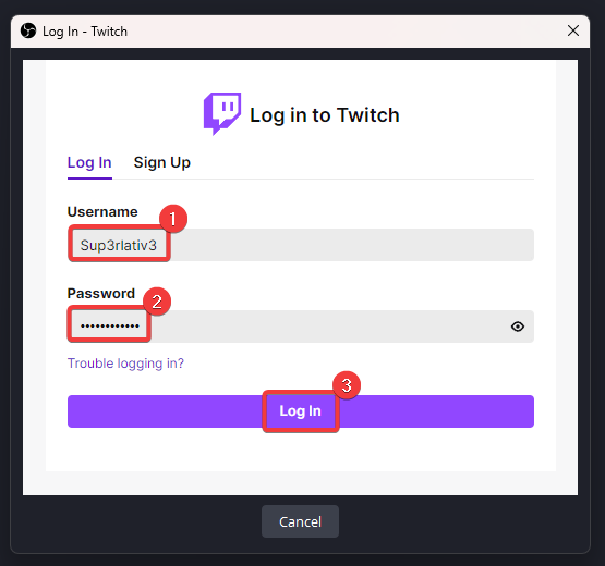 Enter your Twitch credentials.